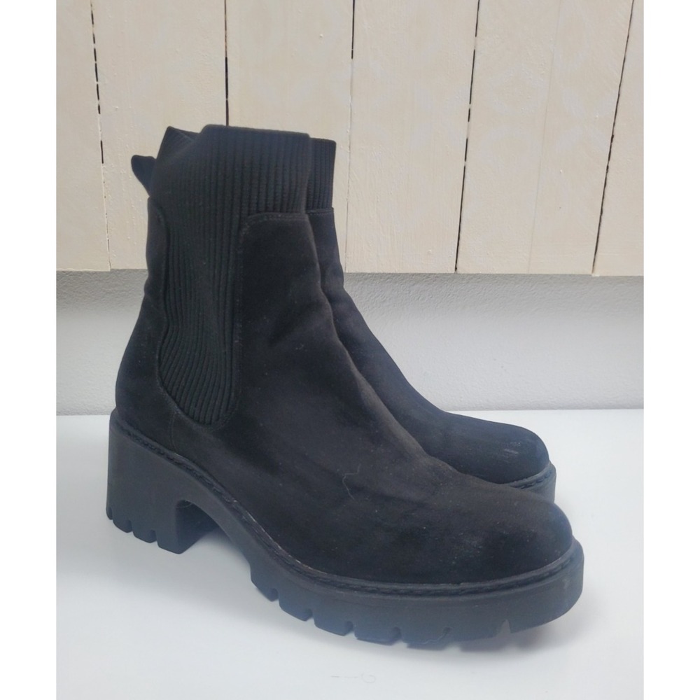 Black Faux Suede Sock Ankle Boots Lug Sole Size 9 Womens‎